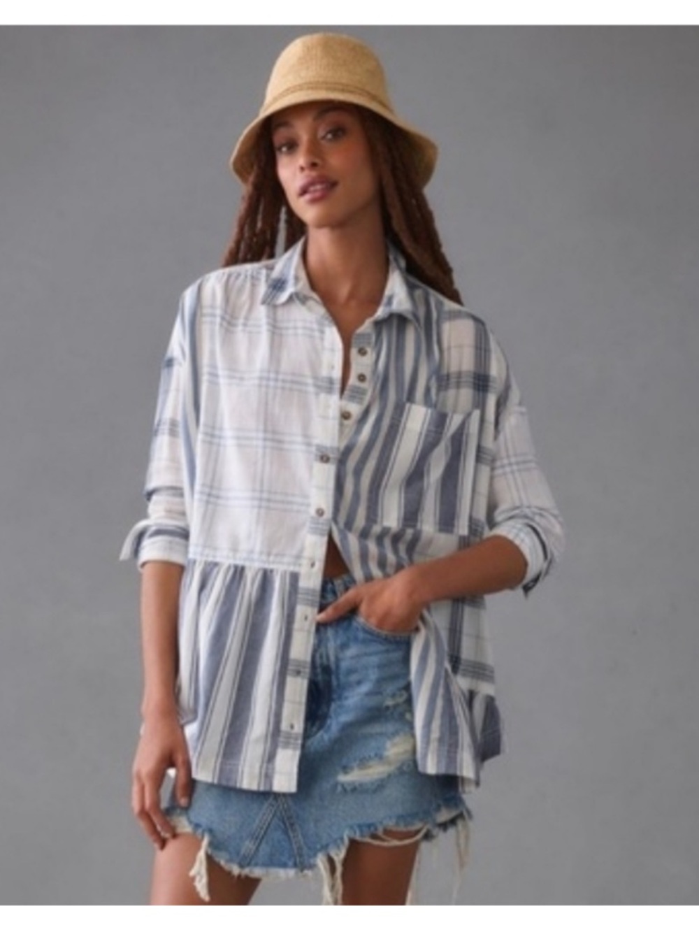 Anthropologie | Pilcro Blue/White Striped Ruffle hem Blouse Sz L/XL